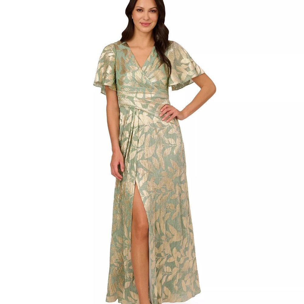 Adrianna Papell Foil Leaf Flutter-Sleeve Draped Gown